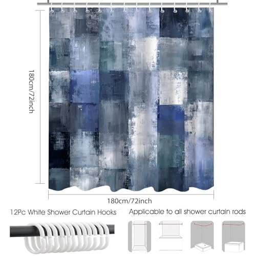 Mocsicka Blue Vintage Patchwork Shower Curtain, Modern Grey and Blue Shower Curtain, Waterproof Fabric Farmhouse Gingham Bath Curtain for Abstract Modern Bathroom Decor, 72 X 72 Inch by Mocsicka - Used condition - Image 2