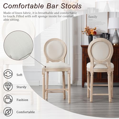 Butacos Franceses de Barra, Juego de 6 Unidades, Altura 26 pulgadas, con Espalda Redonda, Estructura de Madera Maciza, Asiento Tapizado en Lino, Estilo Campestre y Rústico, para Isla de Cocina o Comedor (Beige) miniatura 3