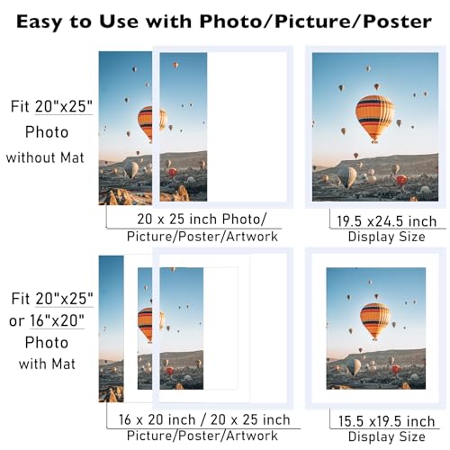 Image of JCJMY 20x25 Picture Frame with 16x20 Mat, Display Photo 16x20 with Mat or 20 x 25 Without Mat, Wall Hanging Large 20 by 25 Poster Frame with Plexiglass, White