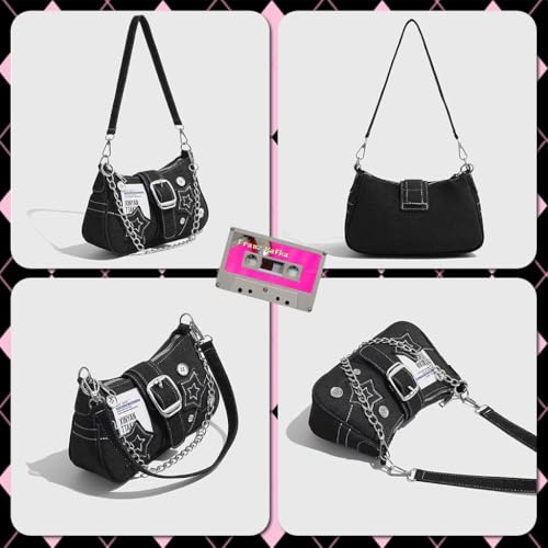 Image of PALAY Shoulder Bag for Women Girls Small Canvas Handbag with Chain Charm Hobo Bag Stylishly Sweet Y2K Star Patchwork Letter Printed Handbag Casual Small Shoulder Bag