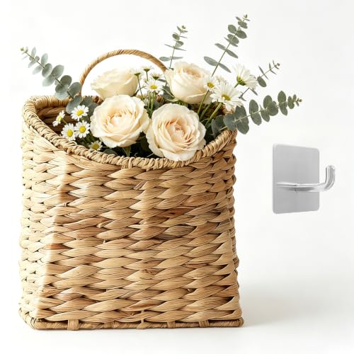 PFSUZEN Woven Hanging Wall Baskets Water Hyacinth Hanging Wall Flower Basket Wicker Handmade Rattan Flower Basket for Garden Farmhouse Home