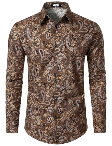 JOGAL Mens 70s Floral Dress Shirt Long Sleeve Printed Casual Button Down Shirts Brown Black X-Large