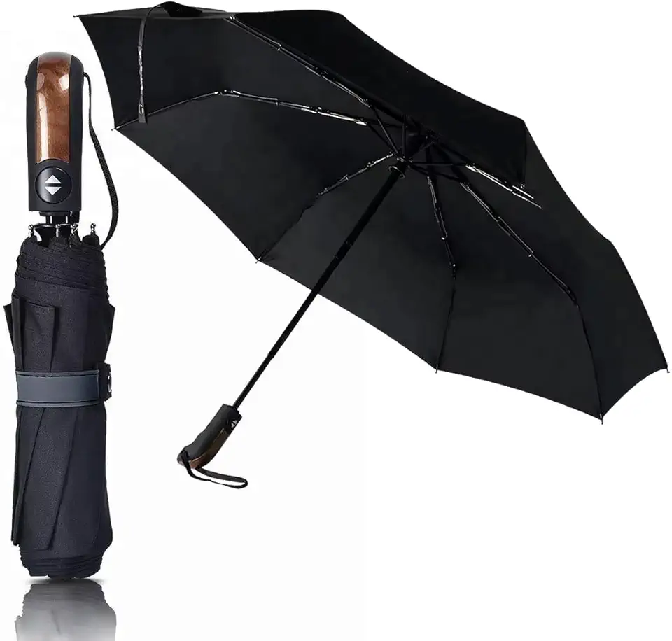 Guarda Chuva Premium Abre Automático Reforçado - Resistente Contra Vento E Impermeável Compacto Portátil Cabe Na Bolsa Fecha Inclui Estojo Proteção Grande Fácil Transportar Tecido Liso Original Perfeito Versátil Cor Preto Madeira