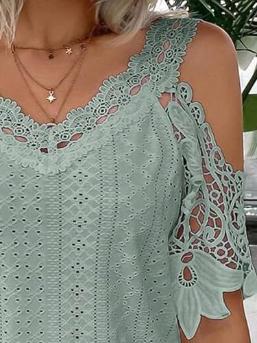 Flamingals Women's Cold Shoulder Eyelet Short Sleeve Hollow Out Lace Floral Sleeveless Blouse Top for Evening Party Summ