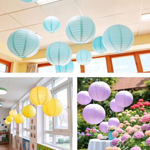 Image of Chinese Paper Lanterns - Pack of 10, 10-Inch Blue /Purple /Yellow Hanging Lights for Birthday Party Decorations, Ceiling Decor, Rainbow Classroom, Wedding, and Home Party
