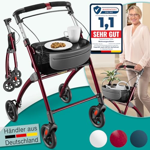 ELONEO Andador para Ancianos con 4 Ruedas - Plegable, Ligero y Compacto, Andador Adulto para Interiores, Ancho 54 cm, Incluye Bandeja y Cesta de Tela, Ayuda a la Movilidad de Aluminio Rojo