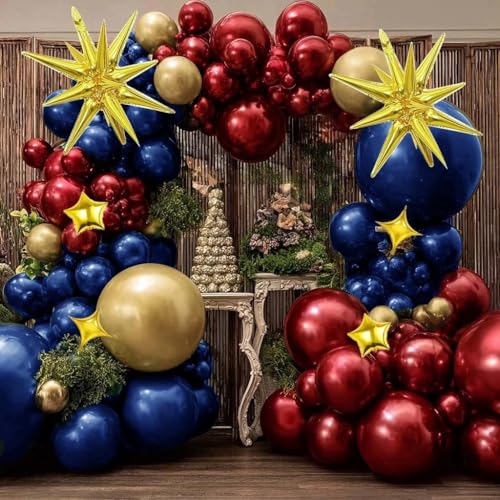 Image of Double Stuffed Burgundy Balloon Arch for Birthday Valentines Party Decor | Latex Wine Red Explosion Star Balloon Arch Garland Different Sizes Maroon Balloons for Bridal Baby Shower Wedding Prom party