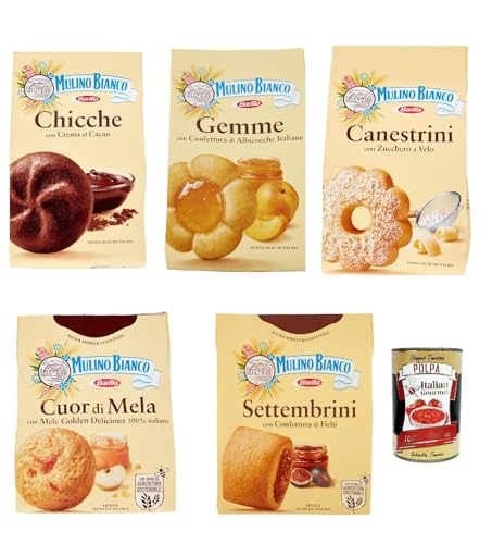 Italian Gourmet Biscotti Bundle 5er Set + Italian Gourmet Polpa Gratis Italienische Kekse Mischung mit Kakao Aprikose Feige Apfel & Puderzucker 3x 200g + 2x 300g Gebäck Geschenkbox