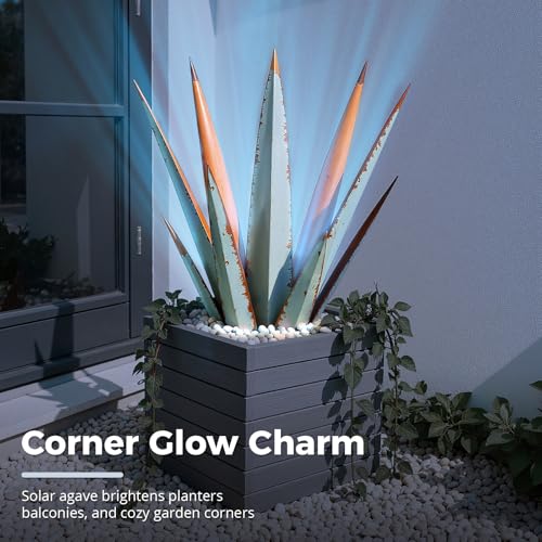 Image of KODIBO 24 inch Metal Agave Plant Outdoor Decor with Solar Light, Vintage Blue