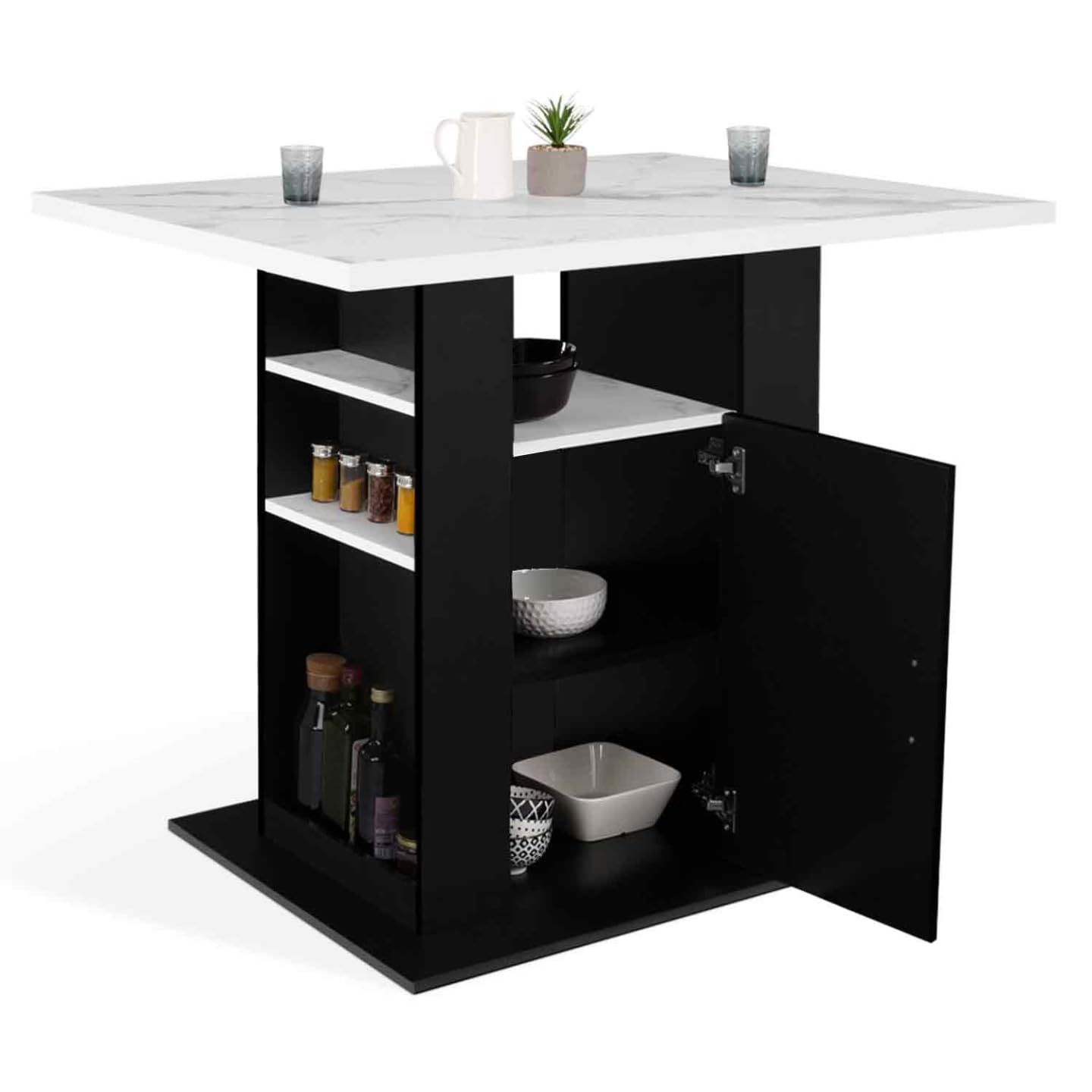 IDMarket - Ilot Central UGO 110 cm Effet marbre et Noir Alaska avec rangements