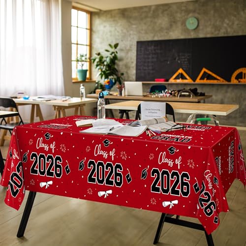 Image of QZYL 4 Pack Graduation Table Cloth, 54 inch x 108 inch Red 2026 Graduation Table Decorations, Disposable Grad Party Decorations for College, Rectangle Plastic Tablecover for Class of 2026 Congrats Grad