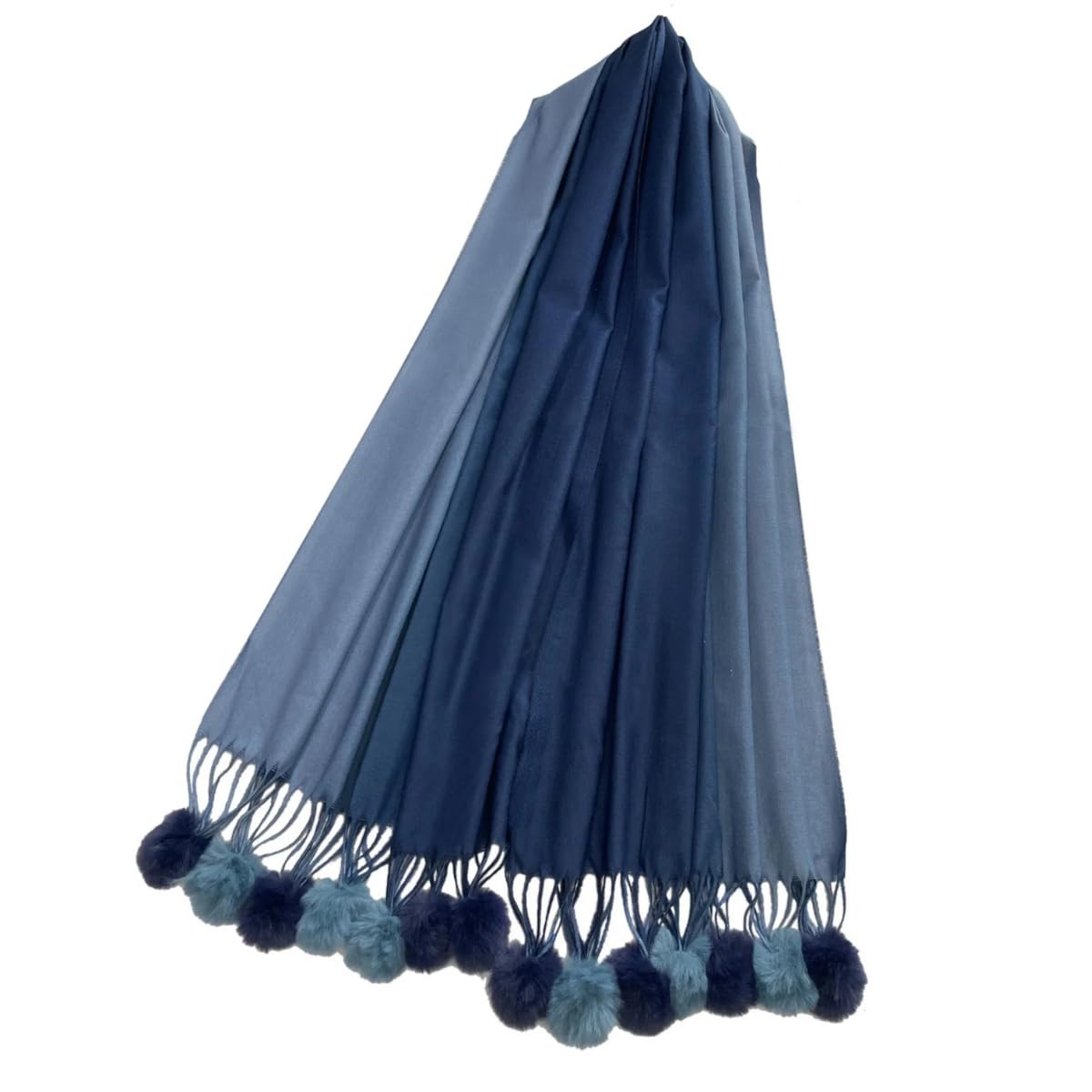 Axcent Comfort Women's Blue Ombre Wool & Faux Fur Pom Pom Scarf For Soft Warm Winter Wrap Shawl Colourful Gradient Design Cosy Luxury Look Pom Pom Edge Scarf Gift For Cold Weather (, 65X180cm)