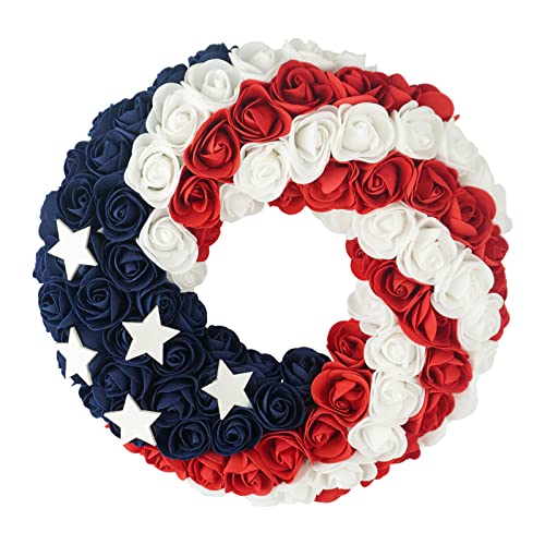 Obbsie 13" Patriotic Roses Wreath, July Of 4Th Independence Day American Wreath Handcrafted Red White Blue Foam Roses Memorial Day Wreath For Front Door Wall Home Decor #TOP6
