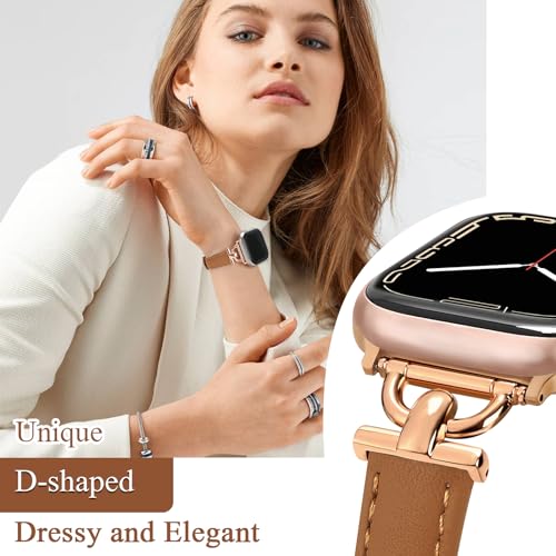 Image of Leather Band Compatible with Apple Watch Bands for Women, Dressy Fancy Strap for iWatch Series 11 /10 /9 /8 /7 /6 /5 /4 /3 /2 /1 /se(38mm 40mm 41mm 42mm,Light Brown /Rose Gold)