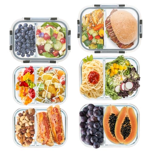 Paquete de 6 recipientes de vidrio para preparación de comidas con tapas, 2 compartimentos, herméticos, almacenamiento de alimentos para adultos, control de porciones, cajas de almuerzo aptas para