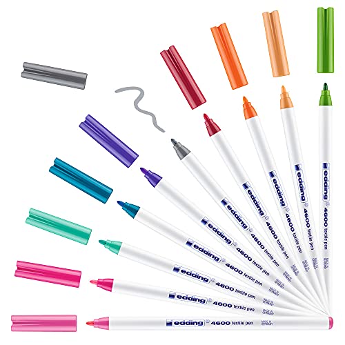 edding 4600 Textilstift - 10 Farben im Set (Fun) - Rundspitze 1 mm - Textilstifte waschmaschinenfest (60 °C) zum Stoff bemalen - Stoffmalstift