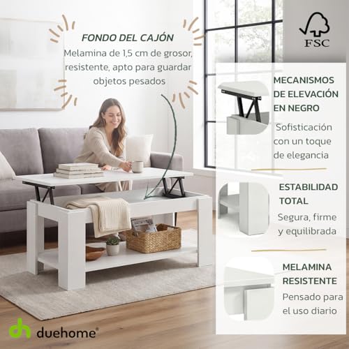 Miniatura 5 de Duehome Mesa De Centro Elevable, Mesa Auxiliar, Modelo Lya, Acabado En Color Blanco Artik, Medidas: 102 Cm Largo X 50 Cm Ancho X 43-54 Cm Alto