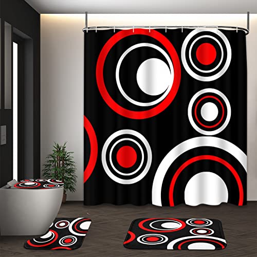 Artsocket 4Pc Shower Curtain Set With Rugs, Red And Black Geometric Circle Bathroom Set With Non-Slip Rug thumb #3