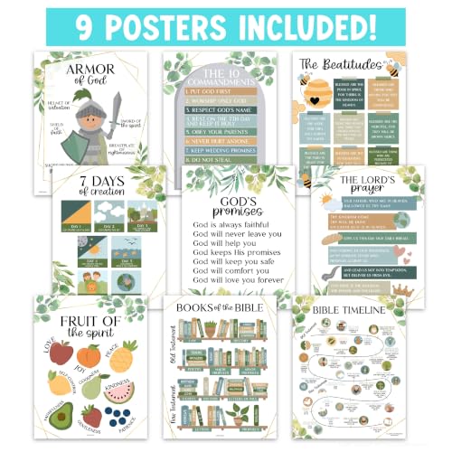 Image of Hadley Designs Sunday School Decorations for Classroom -9 Bible Posters for Kids, Books of the Bible, 10 Commandments, Bible Timeline Chart, Fruits of the Spirit, Greenery Christian Classroom Decor