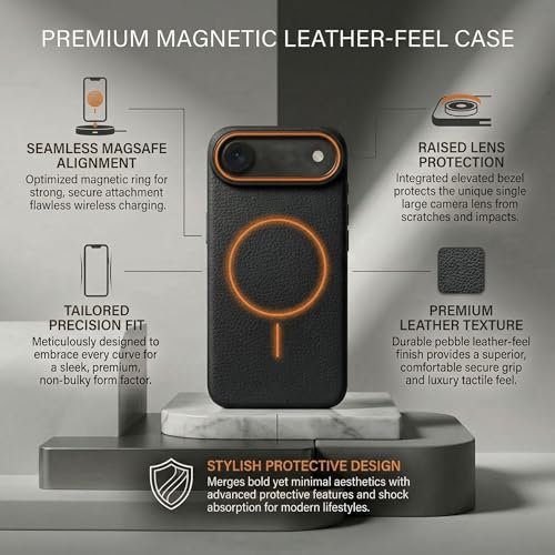 Image of amazon basics Luxury MagSafe Compatible Leather Texture Back Cover for iPhone 17 Air | Raised Camera Protection | Slim Fit Shockproof Case with Metallic Accents (Black)