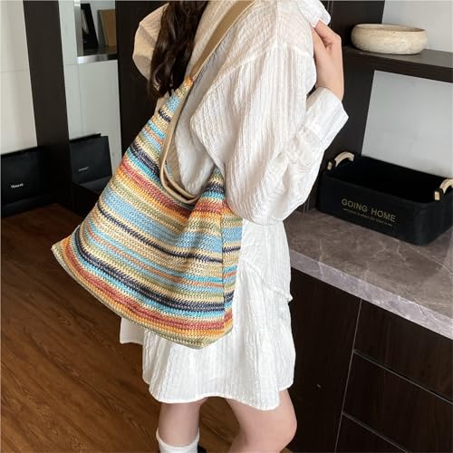 Bolso tote tejido de paja para mujer, estilo clutch con rayas, ideal para playa y viajes al aire libre miniatura 3