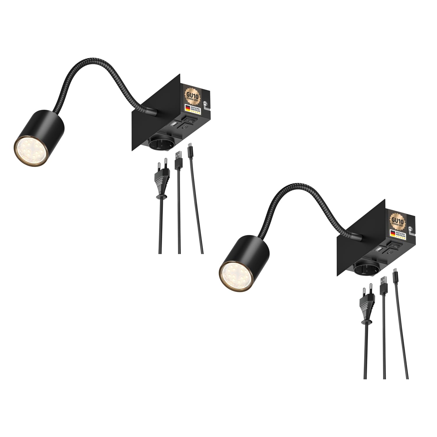 ledscom.de 2x Wandleuchte WAIKA, Schwanenhals, schwarz, Steckdose, USB-C, USB-A, inkl. LED GU10 Lampe 227lm, warmweiß