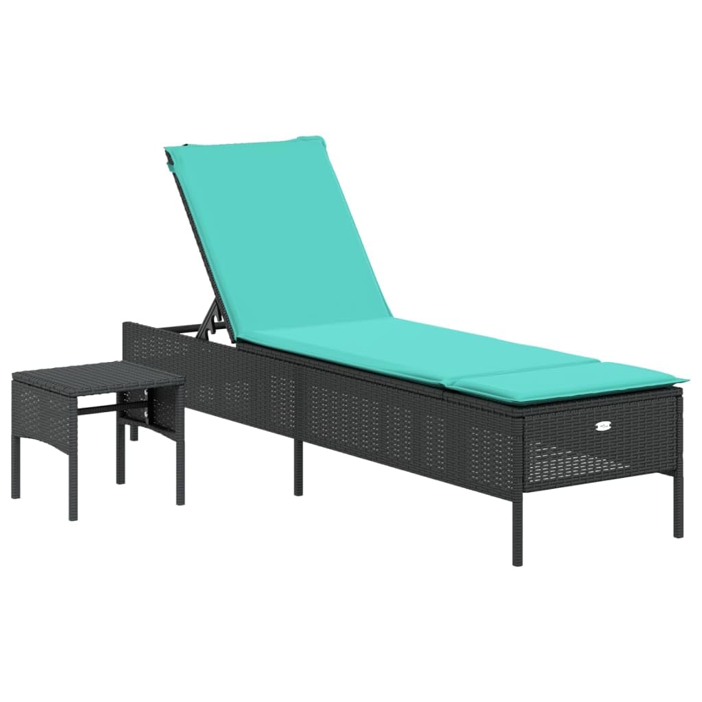 Tumbona con mesa auxiliar y cojín, chaise longue de jardín de ratán PE, respaldo ajustable en 5 posiciones, muebles de jardín para terraza y balcón, 198 x 55 cm, color negro