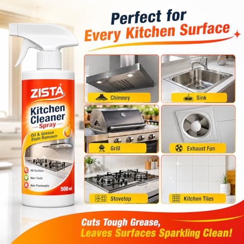 Image of ZISTA Kitchen Cleaner Spray for Oil & Grease Stain Remover, All Surface Non-Toxic & Non-Flammable Magic Degreaser Cleaning Spray for Kitchen, Chimney, Sink, Grill, Exhaust Fan & More! (500 ml)
