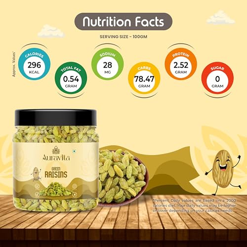Image of Auravita Healthy Green Raisins 100GM | 100% Natural Dried Grapes (Kishmish) | Nutritious, Delicious & Healthy Snack | Source of Fibre in Nuts | No Preservatives in Dry Fruit