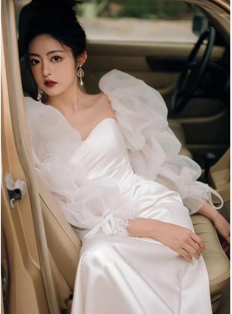 新品ウェディングドレス白 パーティードレス パフスリーブ 可愛いレース 花嫁ロングドレス 結婚式 二次会 ウェディング 謝恩会hs5465