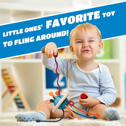 Image of Pull String Sensory Toy for Toddlers | Teething Toy for Babies 6+ Months | Montessori Fine Motor Skills | Food Grade Silicone | UFO Shape | Gift for Baby Boy Girl Toddler (UFO), Blue