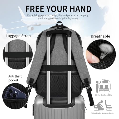 School Backpack for Boys Teens, Backpack for Men Women, 15.6 Inch Laptop Backpacks with USB Port, Water Resistent book bag, Work College Student Bookbag, back pack, Grey 6