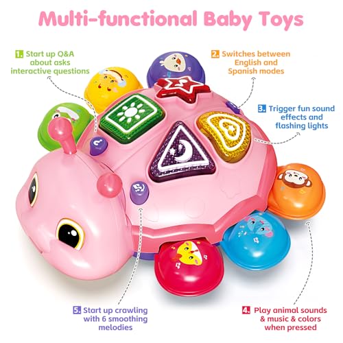 Baby Crawling Toys for 6-12 Months, Musical Toys for Infants 7 8 9 10 11 Months, Early Learning Educational Toy with Sound, Tummy Time Development Toys, Christmas Birthday Gifts for 1 Year Old, Pink