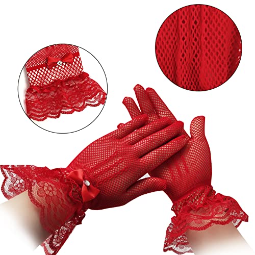 Cenbee Women's Fascinators Veil And Retro Charming Mesh Hat With Lace Gloves Imitation Pearl Necklace,Suitable For 1920S Or 1950S Vintage Tea Party Cocktail Hall Wedding Church Derby Hat Set. Red #TOP2