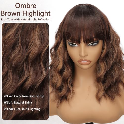 Image of Nnzes Short Wavy Bob Wig with Bangs for Women Shoulder Length Curly Ombre Brown Highlight Synthetic Heat-Resistant Fiber Hair for Daily & Party Use