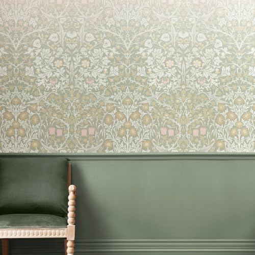 Image of William Morris at Home Blackthorn Sage & Red Mural | 4m x 2.5m | Floral | Print to Order | Eco-Friendly | Supplied as a Wallpaper roll