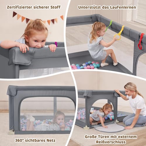 Dripex Laufstall Baby 150x180cm, Laufgitter Baby, Laufstall mit atmungsaktivem Netz, Laufgitter 210D Oxford Gewebe, Playpen, kinderlaufstall, Große Sicherheitsspielplatz, Grau