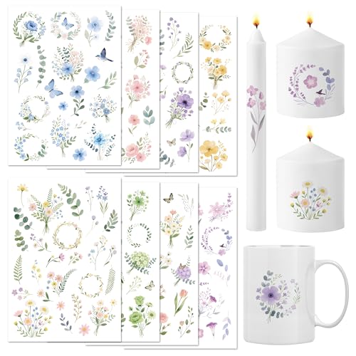 BIROYAL Groß 8 PCS Kerzentattoos (150+ Muster 24x17cm) Wassertransferdruck |Wasserschiebefolie Kerzen | Kerzenfolie | Kerzenaufkleber Sticker |Kerzen Dekorieren Flowers für Glas Holz Möbel Keramik