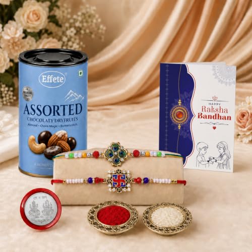 Image of DeoDap Rakhi with Chocolate for Brother - Swastik & Peacock Feather Design Rakhi 2 Pc with Chocolate, Silver Color Coin, Greeting Card & Tilak Set - Raksha Bandhan Combo Set for Bro (K2 1251+1866 AS96)