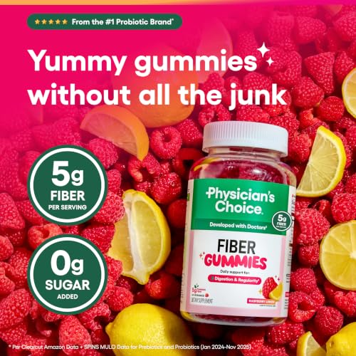 Image of Physician's CHOICE Fiber Gummies for GLP-1 Support - No Sugar Added & Vegan - Raspberry Lemon - Natural Chicory Root Prebiotic Fiber Gummy - Digestive Health & Regularity for Women & Men - 60CT