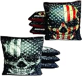 BackYardGamesUSA Cornhole Bags Sets of 8 Regulation Professional for Tournament, Slick n Stick Corn Hole Beans Bags for Cornhole (Black/Red American Skull, Corn Filled)