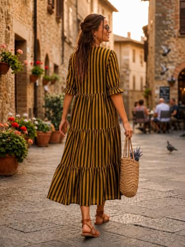 Image of Women's Striped Midi Dress with V-Neck, Yellow and Black