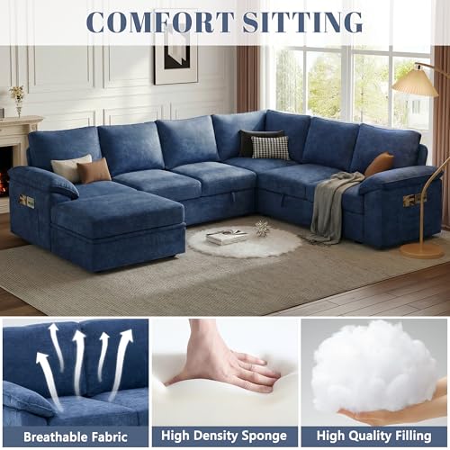 Image of 108 Inch Modular Sectional Sofa with Pull Out Bed,U Shaped 7 Seat Sectional Sleeper Sofa with Storage,Sectional Couches for Living Room,Cloud Modular Couch,Removable Sofa Cover,Blue