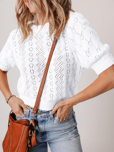Womens Crochet Puff Short Sleeve Sweater Tops Crewneck Cover Up Lightweight Pullover Sweaters Blouse for Dress4