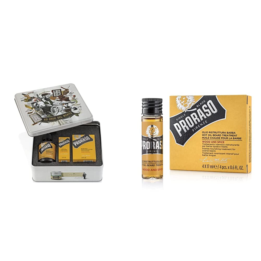 Proraso Set Cura della Barba Wood e Spice- 900 g & Yellow Tratamiento De Aceite Caliente Para Barba 4 X 17 Ml