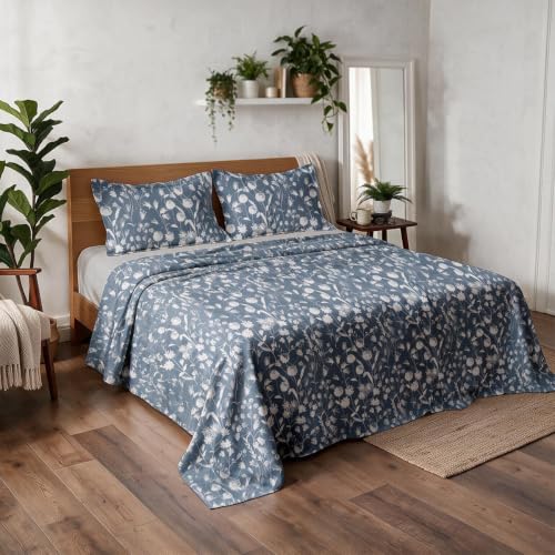 Image of Linen Home Cotton Percale Flat Bedsheet Set King Size Blossomy Blue
