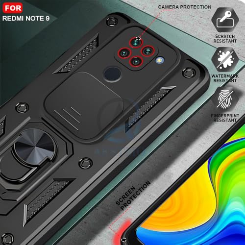 Image of AESTMO Tough Armor Redmi Note 9 Bumper Back Case Cover | Ring Holder & Sliding Camera Shield Cover | 360 Degree Protection Back Case Cover for Redmi Note 9 (Black)