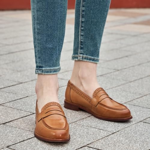Image of BEAU TODAY Womens Leather Penny Loafers, Slip On Loafer Flats