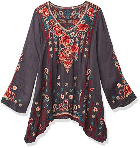 Johnny Was Women's Long Sleeve Drapey Rayon Embroidered Blouse, Graphite, L