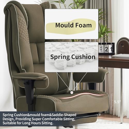 Big and Tall Office Chair 400lbs Wide Seat, Leather High Back Executive Office Chair with Foot Rest, Ergonomic Chairs Lumbar Support for Lower Back Pain Relief (Mesh Light Green)